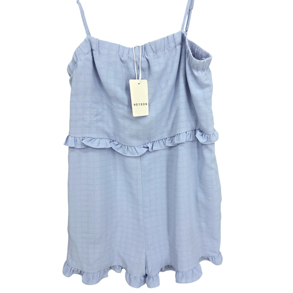 NWT Heyson L Light Blue Ruffle Cami Romper Adjustable Straps Cottagecore